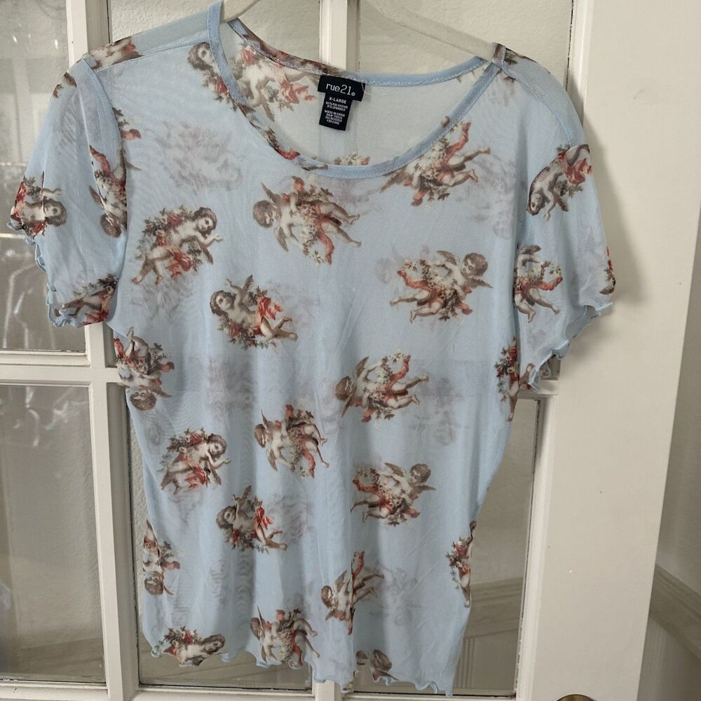 Mesh Angel T Shirt Tee Women Juniors XL   Light Blue Ruffle Hem
